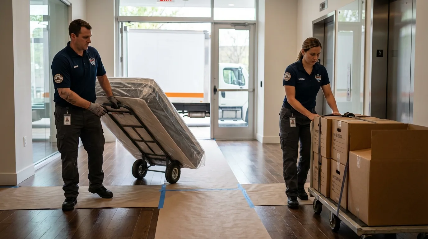 Professional apartment movers loading elevator in Mountain City, GA